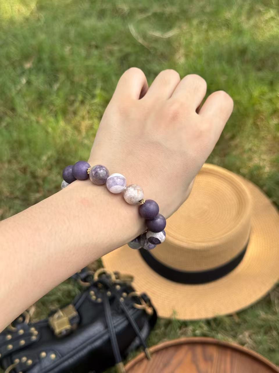 The Remedy Strand “Purple Aura Rise” Dream Bracelet – 12mm Botanical + Aroma Beads