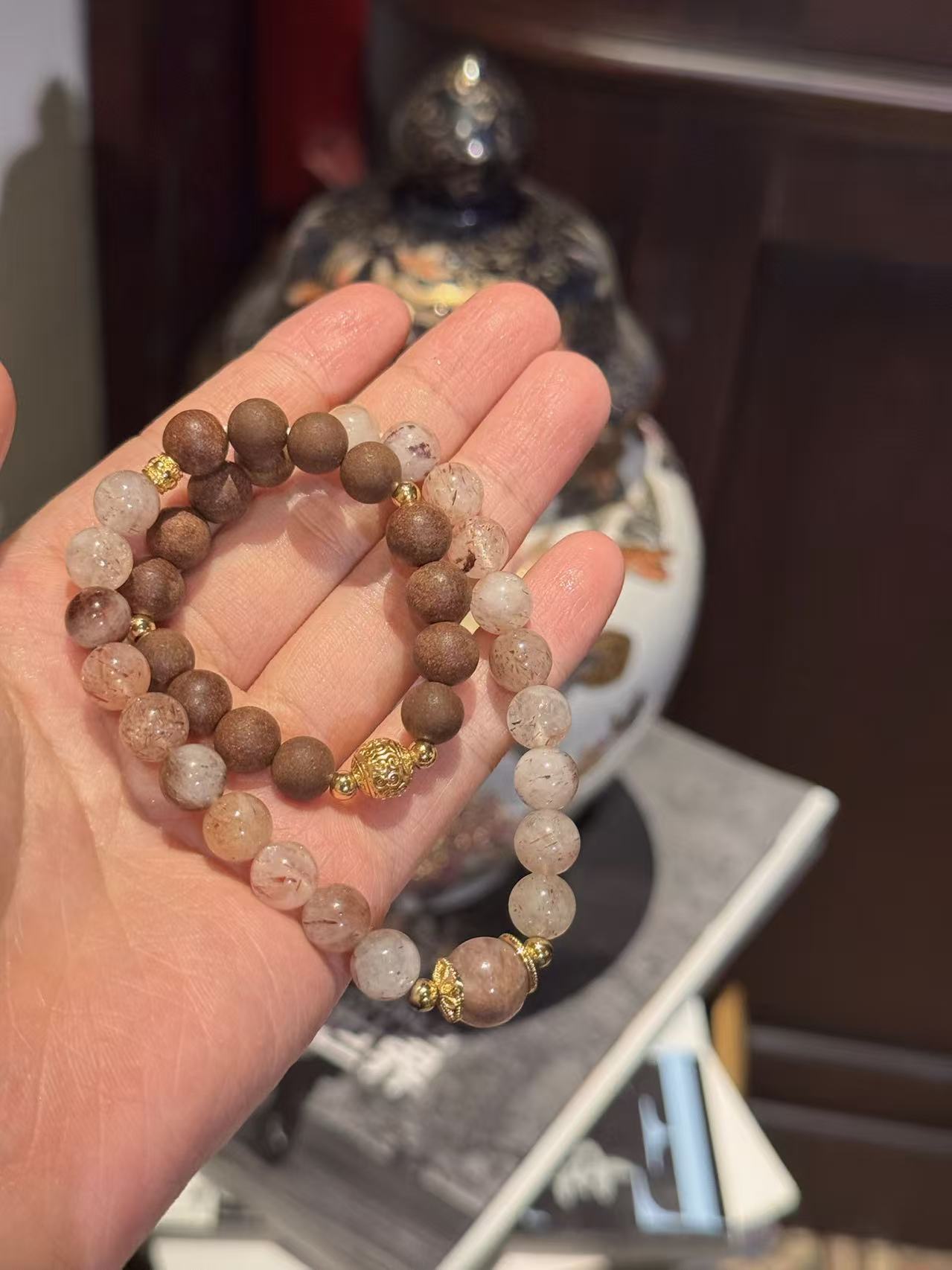 The Remedy Strand “Twin Prosperity Loop” – 8mm Black Gold Crystal + Botanical Aroma Bracelet