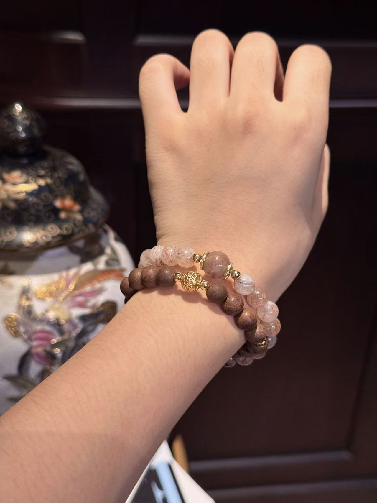 The Remedy Strand “Twin Prosperity Loop” – 8mm Black Gold Crystal + Botanical Aroma Bracelet